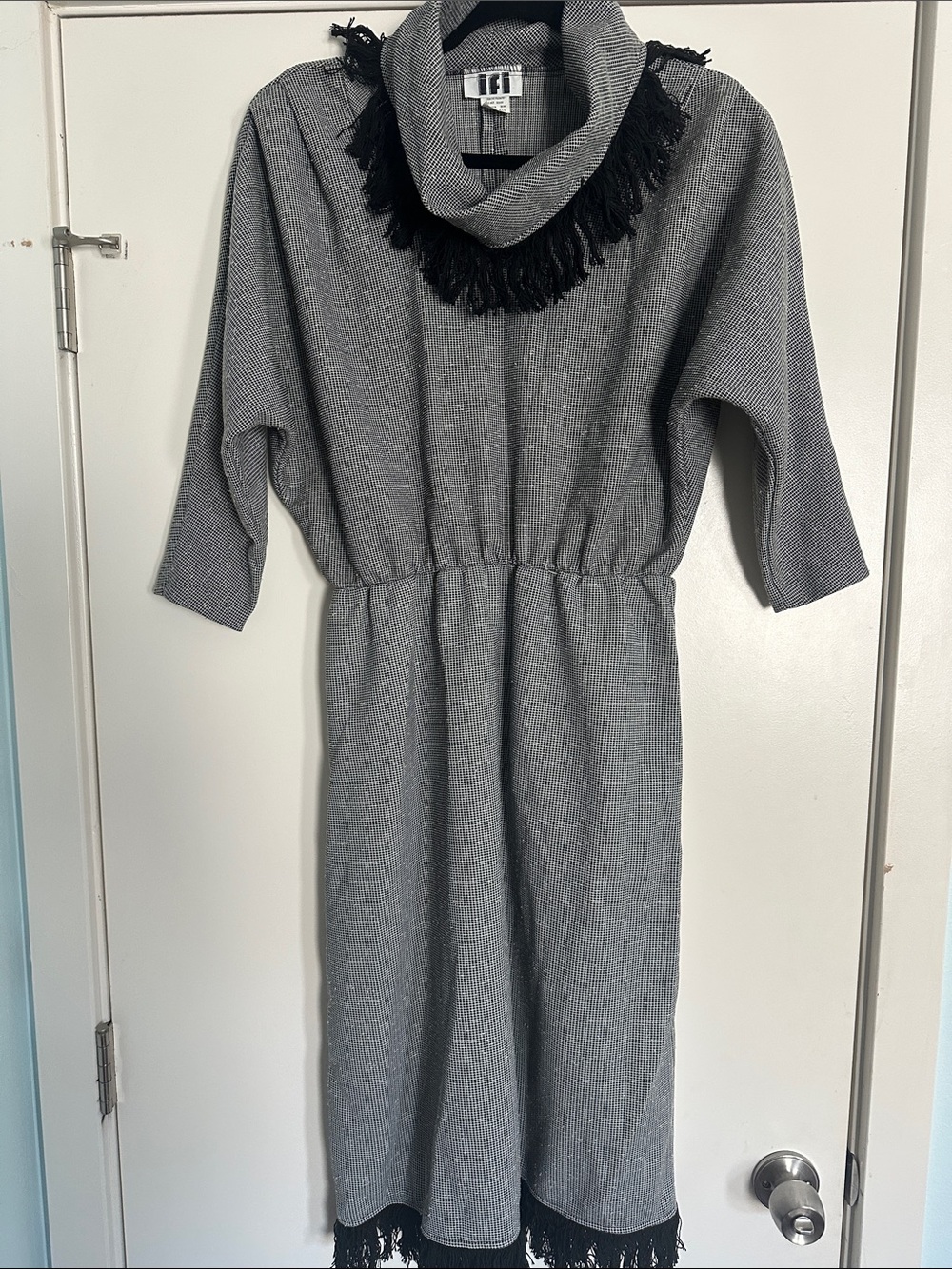 Vintage ifi Cowl Fringe Neck Dress Black White Size 12